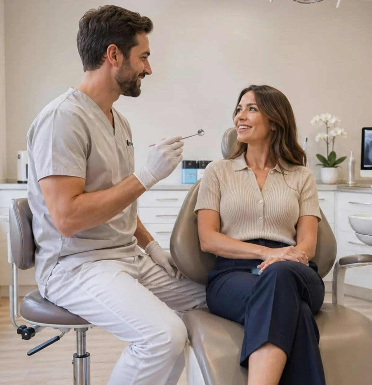 Médico dentista a conversar com uma paciente no gabinete