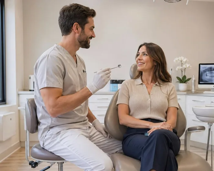 Médico dentista a conversar com uma paciente no gabinete
